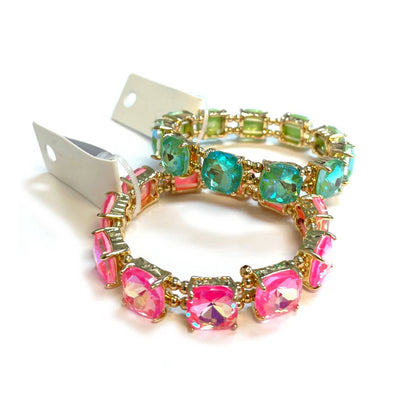 Neon Cushion Cut Glass Crystal Linked Stretch Bracelet: Neon-Mint-AB