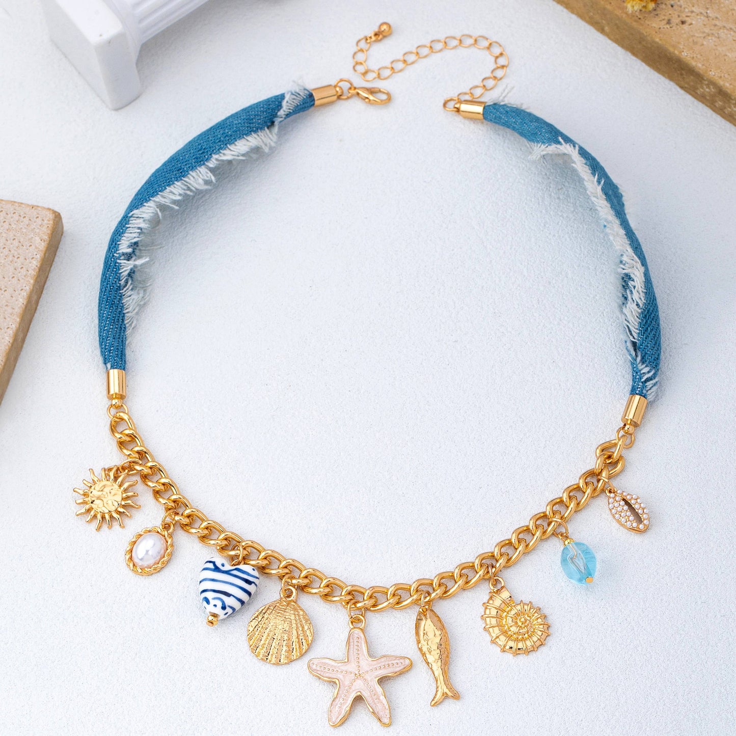 Sea Life Multi Charm- Boho Coastal Denim Necklace