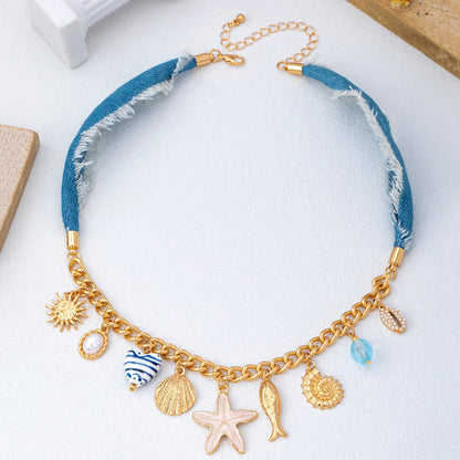 Sea Life Multi Charm- Boho Coastal Denim Necklace