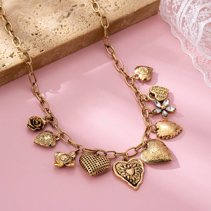 Vintage Gold-Tone Heart Charm Cluster Necklace