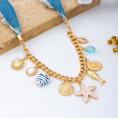 Sea Life Multi Charm- Boho Coastal Denim Necklace