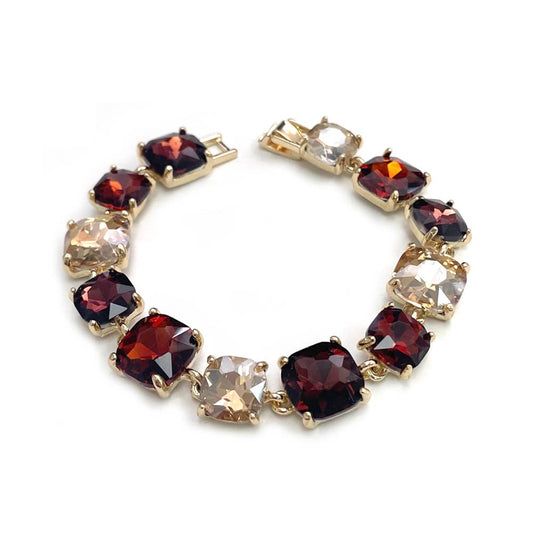Cushion Cut Glass Crystal Linked Station Bracelet: BROWN-MULTI