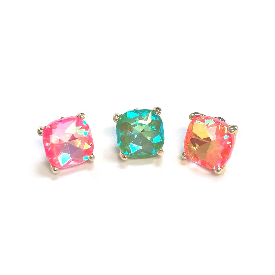 Neon 12mm Cushion Cut Glass bead stud Earrings: NEON-FUCHSIA