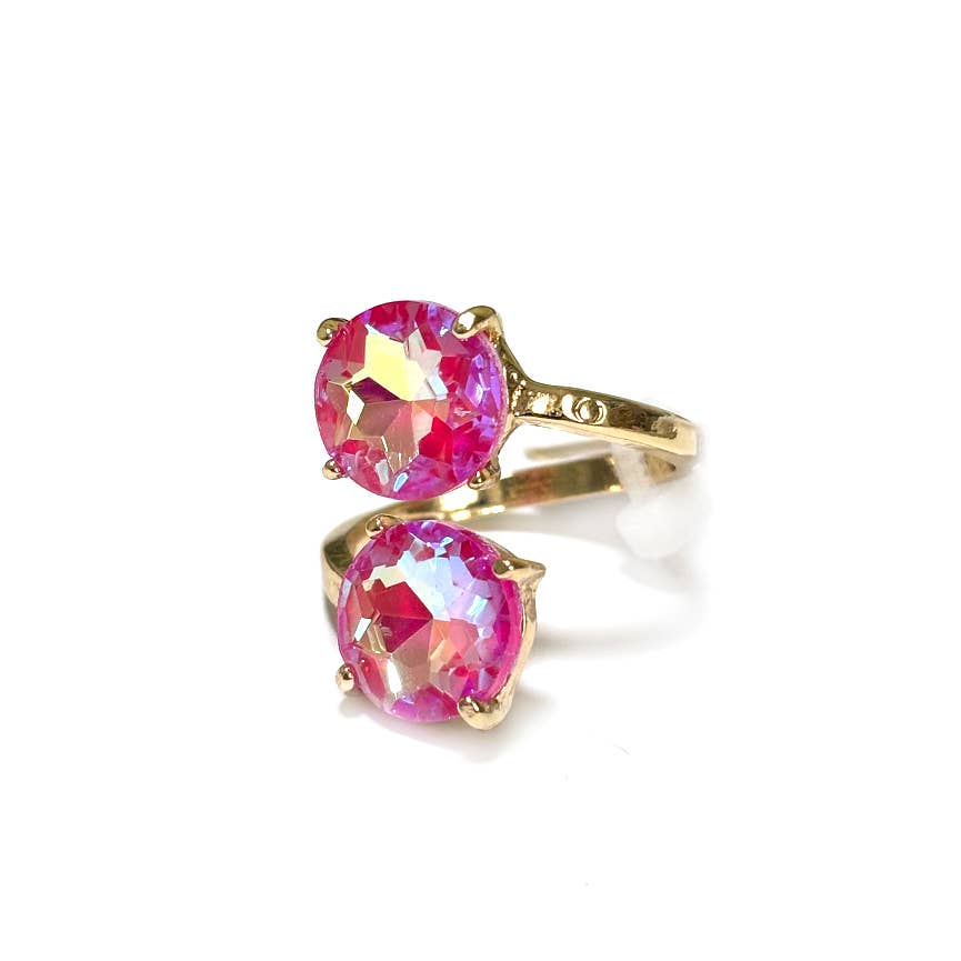 Double Round Crystal Stone Opposite Ends Adjustable Ring: RAINBOW