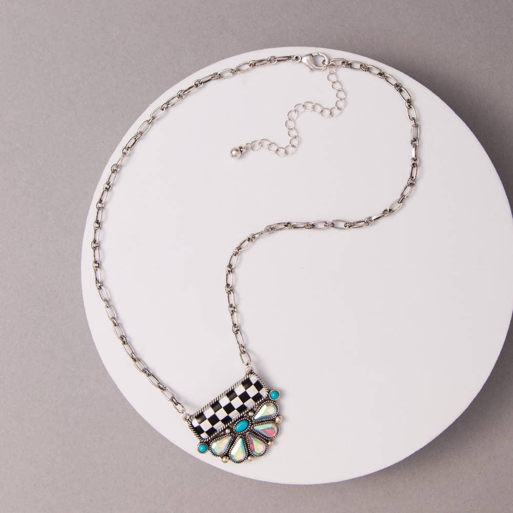 Western Checkered Bar Pendant Necklace with Teardrop Crystal