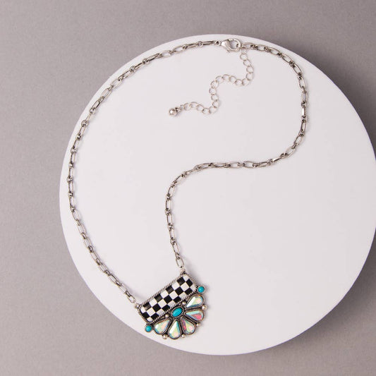 Western Checkered Bar Pendant Necklace with Teardrop Crystal