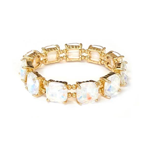 Cushion Cut Glass Crystal Linked Stretch Bracelet: BLUE-MULTI