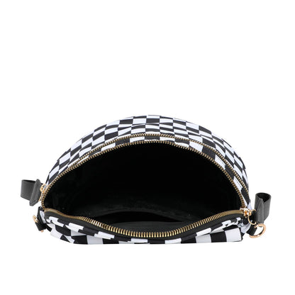Paulina Nylon Waterproof Multi-Compartment 10" Crossbody Bag: Black White Checker