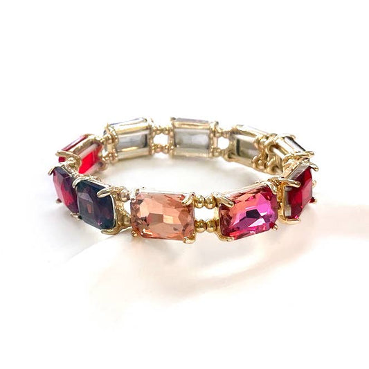 Emerald Cut Crystal Glass Bead Stretched Bracelets: ROSE-MULTI