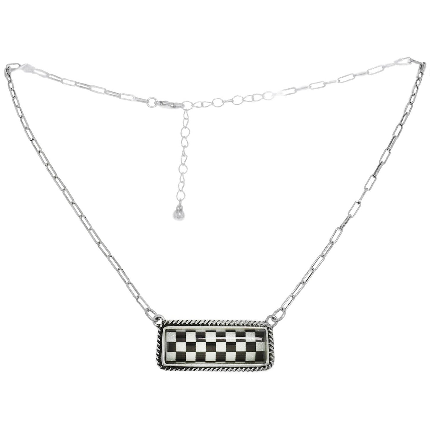 Western Checkerboard Bar Pendant Necklace : White