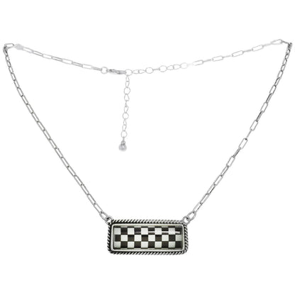 Western Checkerboard Bar Pendant Necklace : White