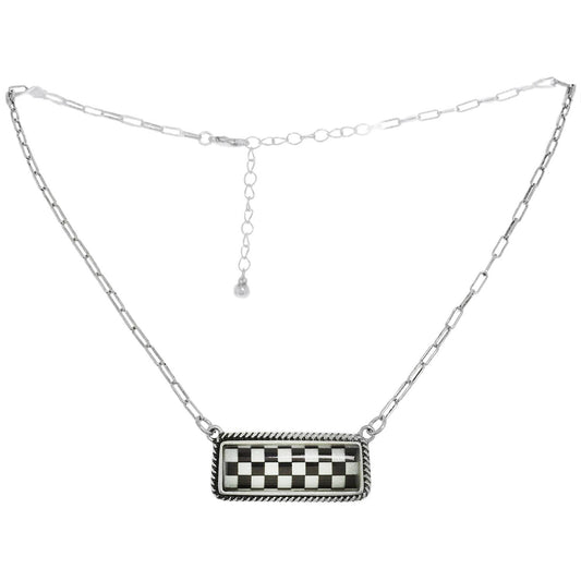Western Checkerboard Bar Pendant Necklace : White