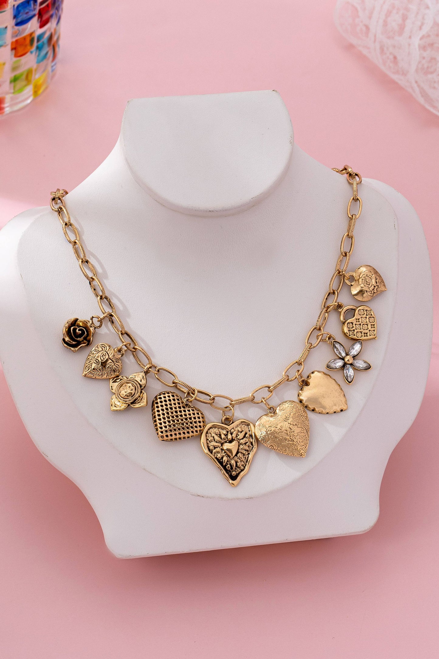 Vintage Gold-Tone Heart Charm Cluster Necklace