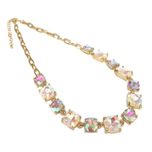 Cushion Cut Square Glass Crystal Linked Chain Necklace: 2WHITE-AB