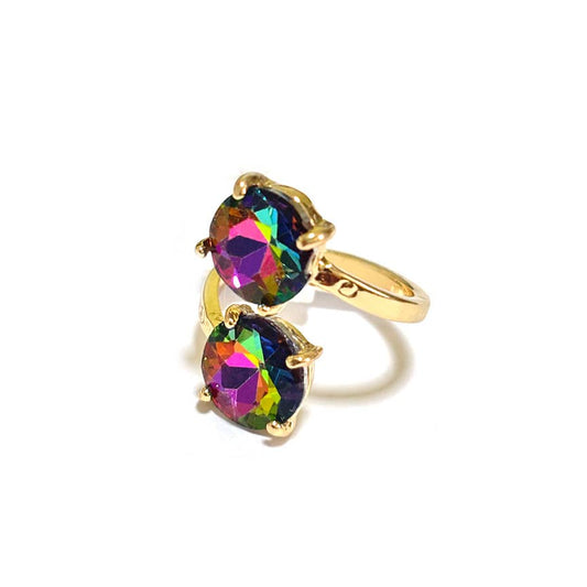 Double Round Crystal Stone Opposite Ends Adjustable Ring: RAINBOW