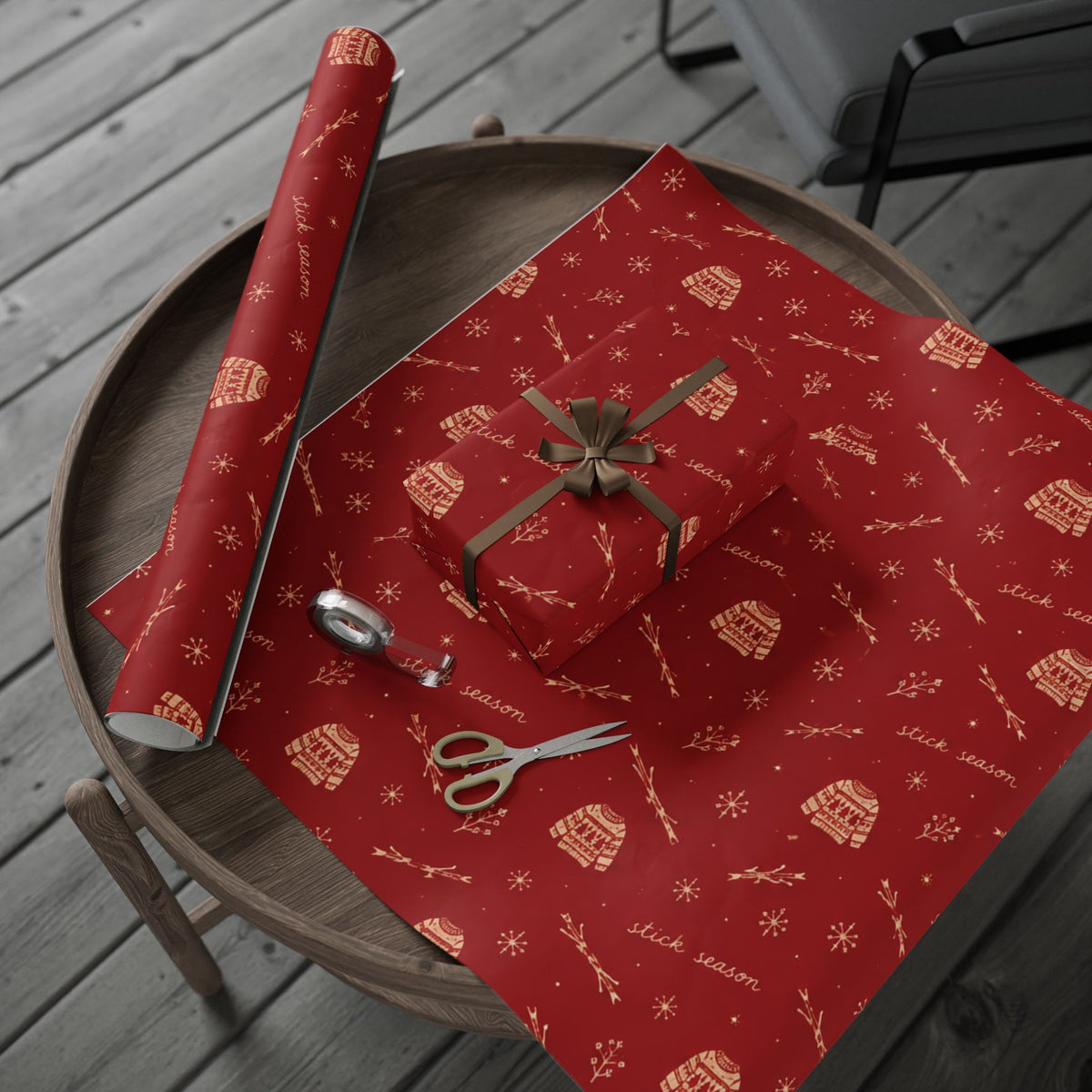 Stick Season Wrapping Paper | Red & Cream Cozy Winter Gift Wrap | Vintage Sweater Christmas Wrapping Paper