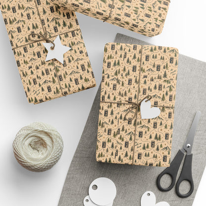 Vintage Payphone Wrapping Paper | Indie Folk Gift Wrap | Rustic Woodland Christmas Paper | Retro Phone, Pine Trees & Mountain Design