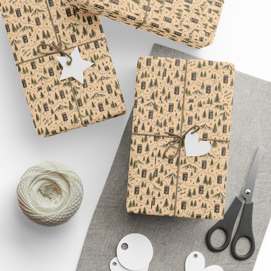 Vintage Payphone Wrapping Paper | Indie Folk Gift Wrap | Rustic Woodland Christmas Paper | Retro Phone, Pine Trees & Mountain Design
