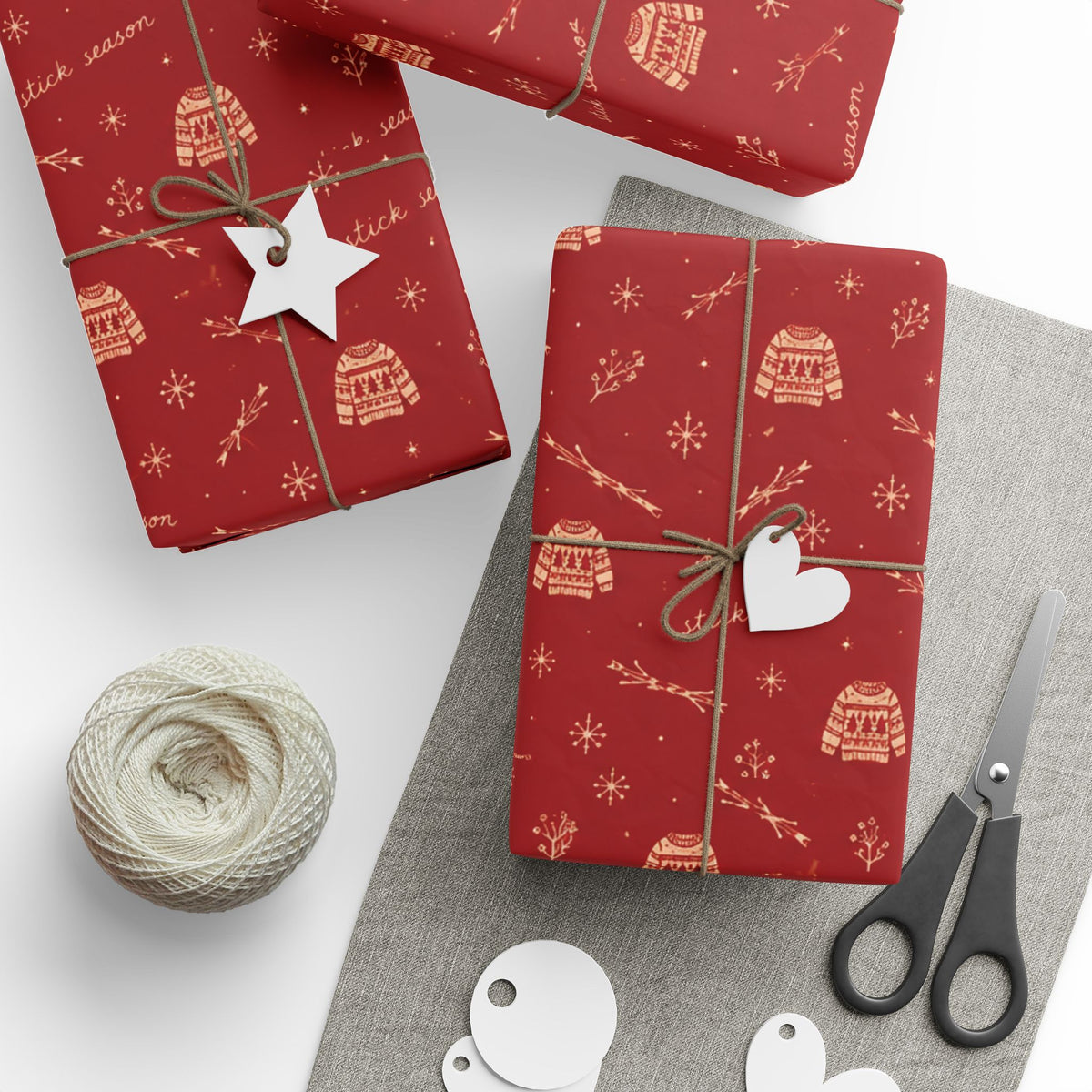 Stick Season Wrapping Paper | Red & Cream Cozy Winter Gift Wrap | Vintage Sweater Christmas Wrapping Paper