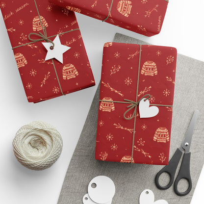 Stick Season Wrapping Paper | Red & Cream Cozy Winter Gift Wrap | Vintage Sweater Christmas Wrapping Paper