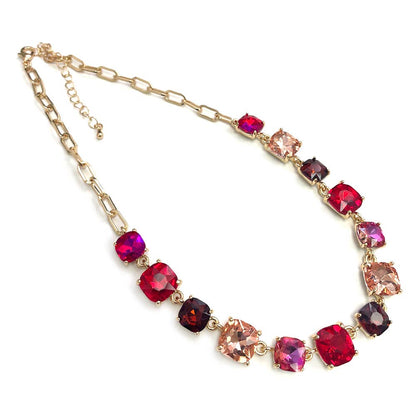 Cushion Cut Square Glass Crystal Linked Chain Necklace: BLUE(BU)-AB