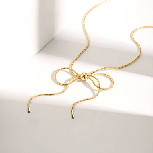 Minimalist Snake Chain Big Bow Knot Pendant Necklace: Gold