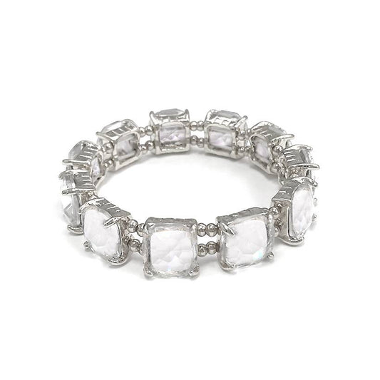 Cushion Cut Glass Crystal Linked Stretch Bracelet: SILVER-CLEAR