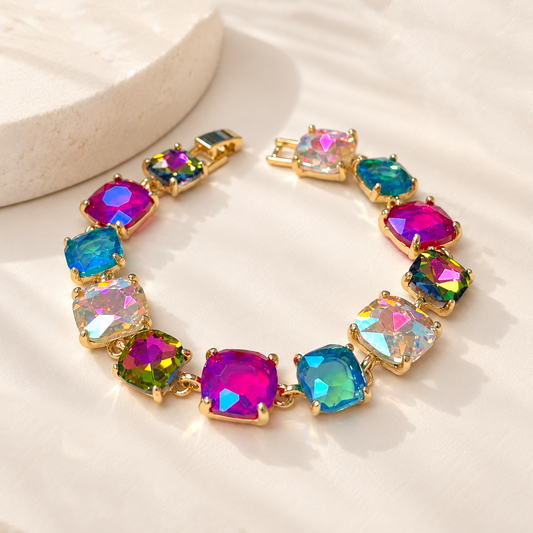 Cushion Cut Glass Crystal Linked Station Bracelet: GORGEOUS MULTI 2