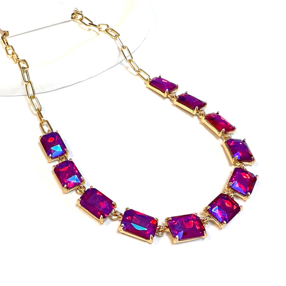 Rectangle Crystal Glass Linked Statement Chain Necklace : Blackdia-AB