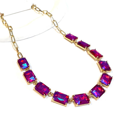 Rectangle Crystal Glass Linked Statement Chain Necklace : Blackdia-AB
