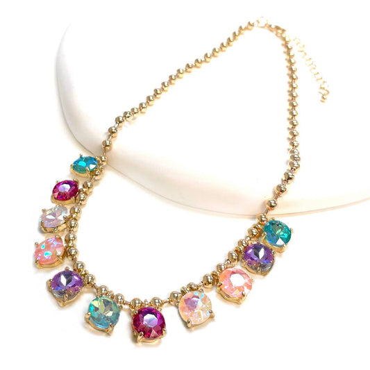Crystal Glass Bead Dangle Station Ball Beaded Chain Necklace: Multi-AB