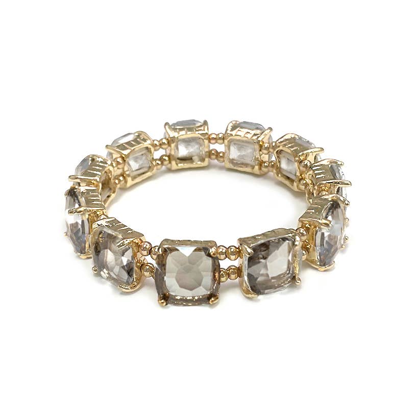 Cushion Cut Glass Crystal Linked Stretch Bracelet: BLACK-DIA