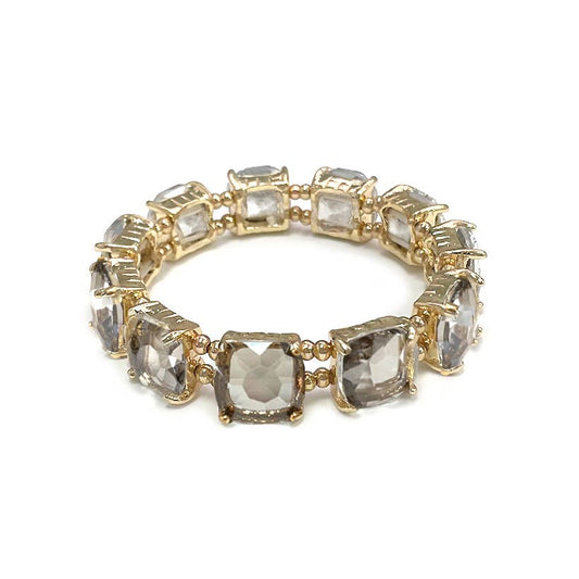 Cushion Cut Glass Crystal Linked Stretch Bracelet: BLACK-DIA