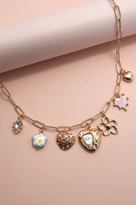 CHARM NECKLACE-PORCELAIN HEART FLOWER CHARM
