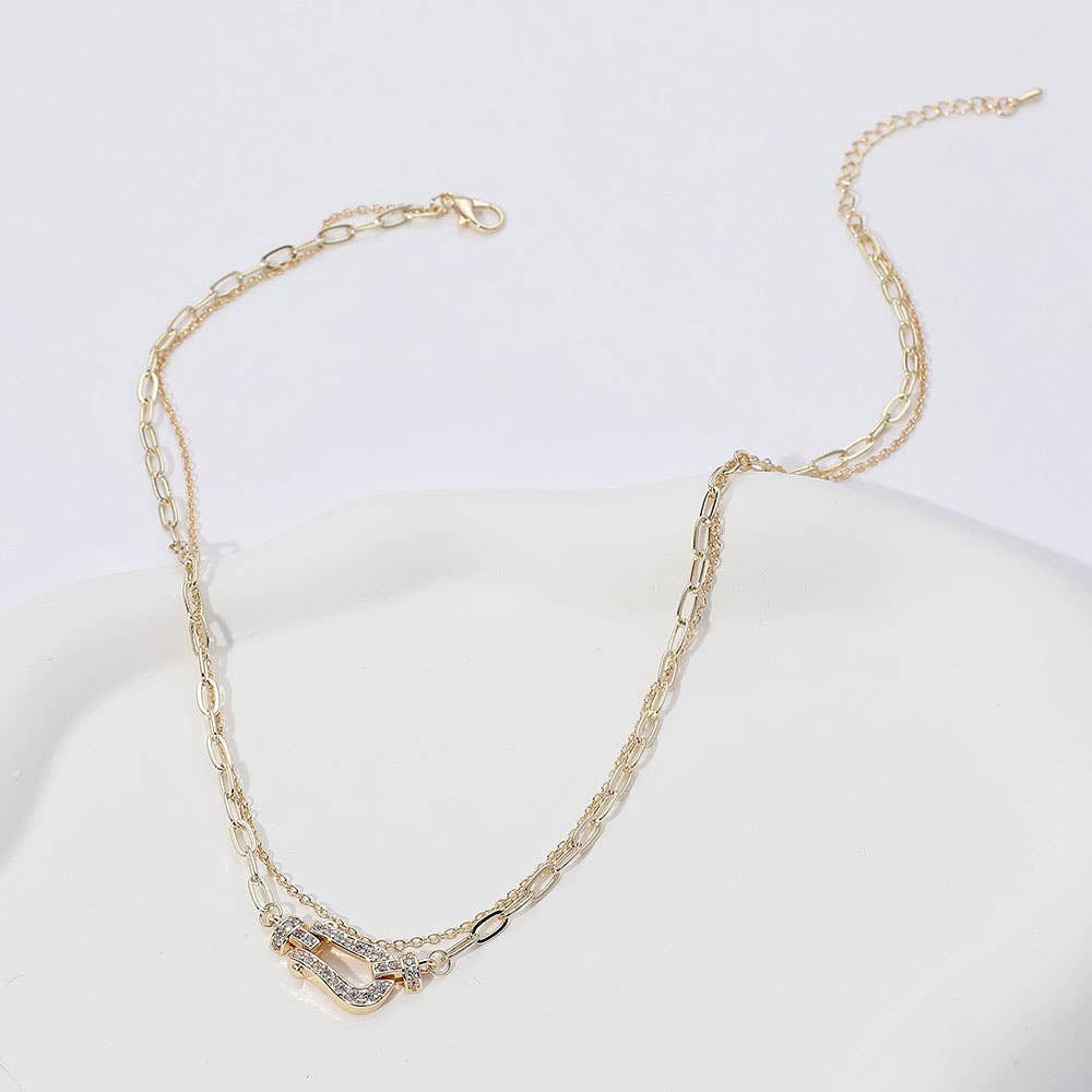 14K Gold Plated CZ Buckle Pointed Chain Layered Necklace: Yellow Gold