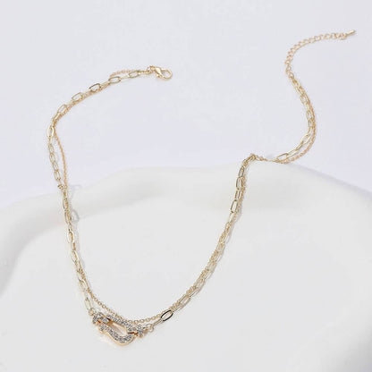 14K Gold Plated CZ Buckle Pointed Chain Layered Necklace: Yellow Gold