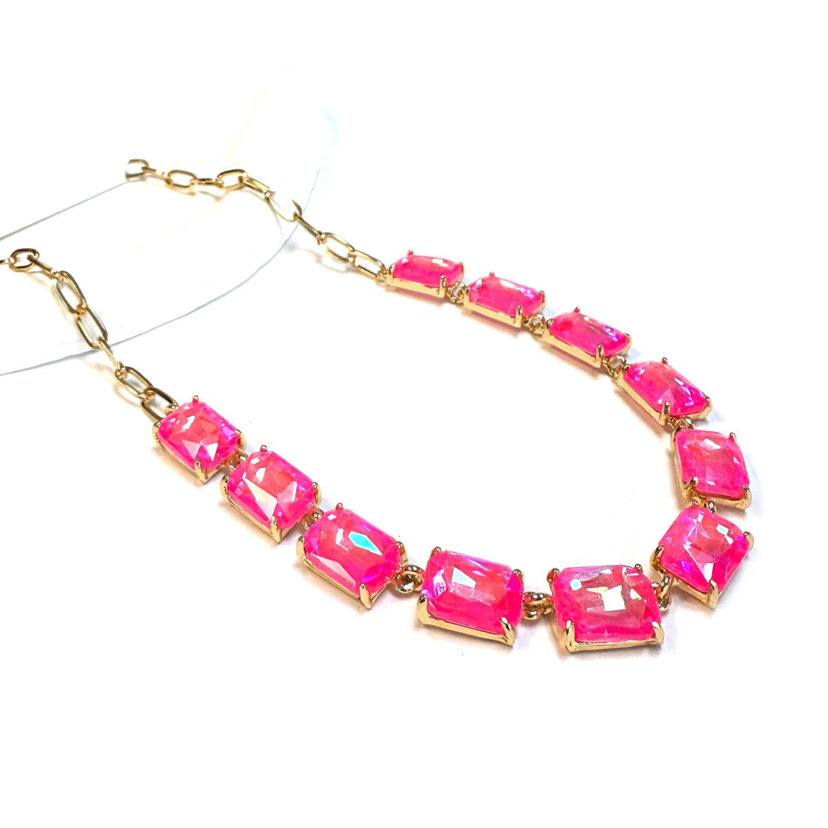 Rectangle Crystal Glass Linked Statement Chain Necklace : Blackdia-AB