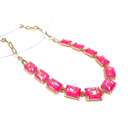 Rectangle Crystal Glass Linked Statement Chain Necklace : Blackdia-AB