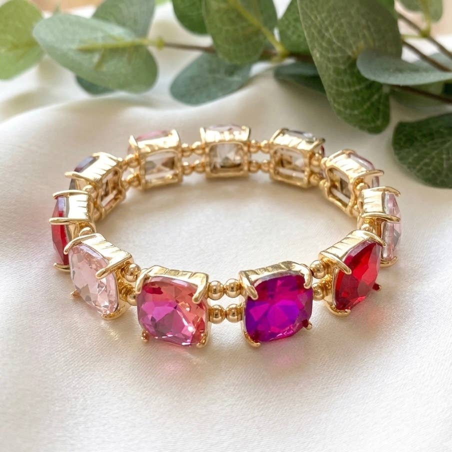Cushion Cut Glass Crystal Linked Stretch Bracelet: PASTEL-PERI-BLUE