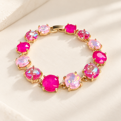 Round Cushion Cut Crystal Glass Linked Bracelet: ANTIQUE-SILVER-BLACK-MULTI