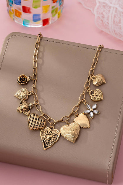Vintage Gold-Tone Heart Charm Cluster Necklace