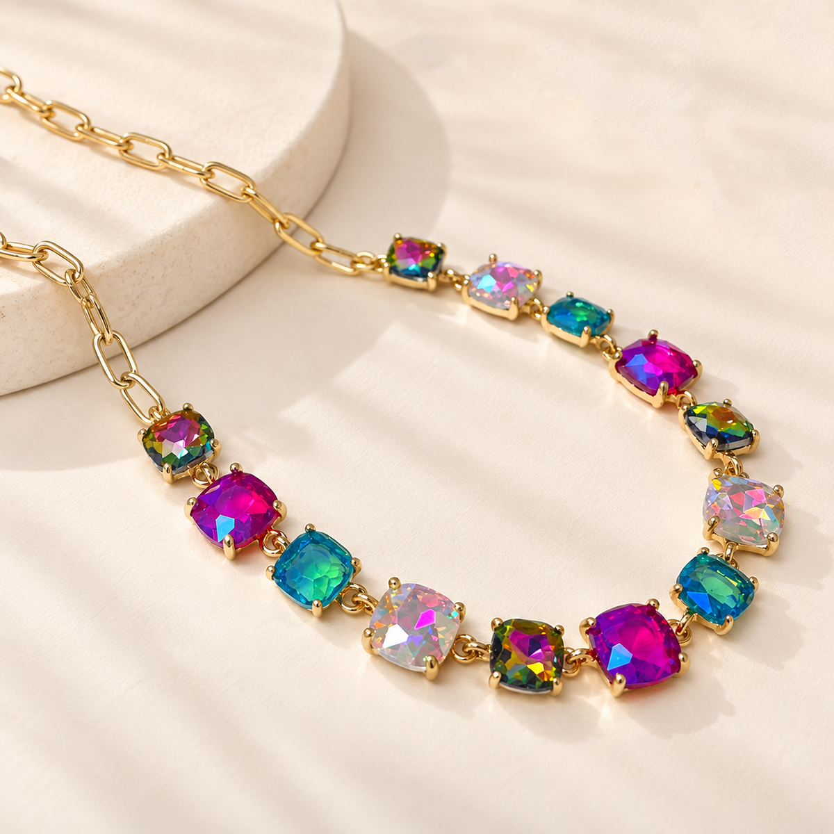 Cushion Cut Square Glass Crystal Linked Chain Necklace : GORGEOUS MULTI 2