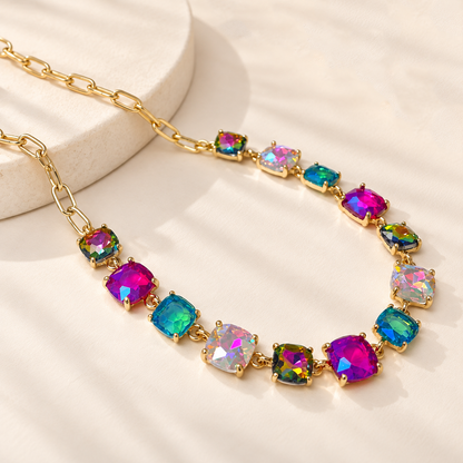Cushion Cut Square Glass Crystal Linked Chain Necklace : GORGEOUS MULTI 2