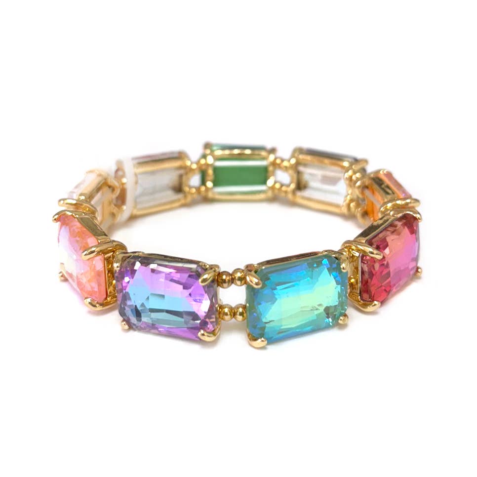 Rectangular Glass Crystal Linked Stretch Bracelet: LAVENDER-AB