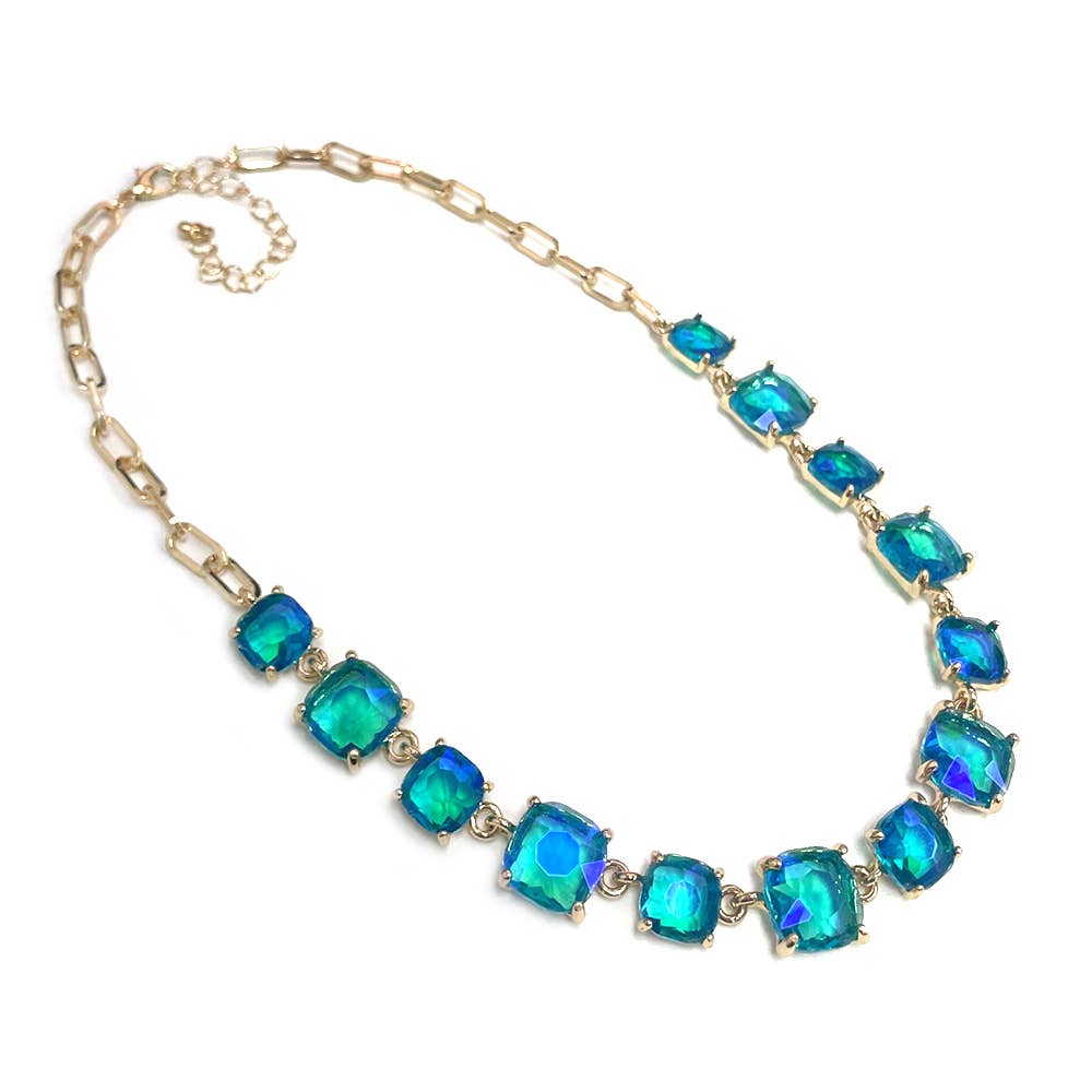 Cushion Cut Square Glass Crystal Linked Chain Necklace : GORGEOUS MULTI 2