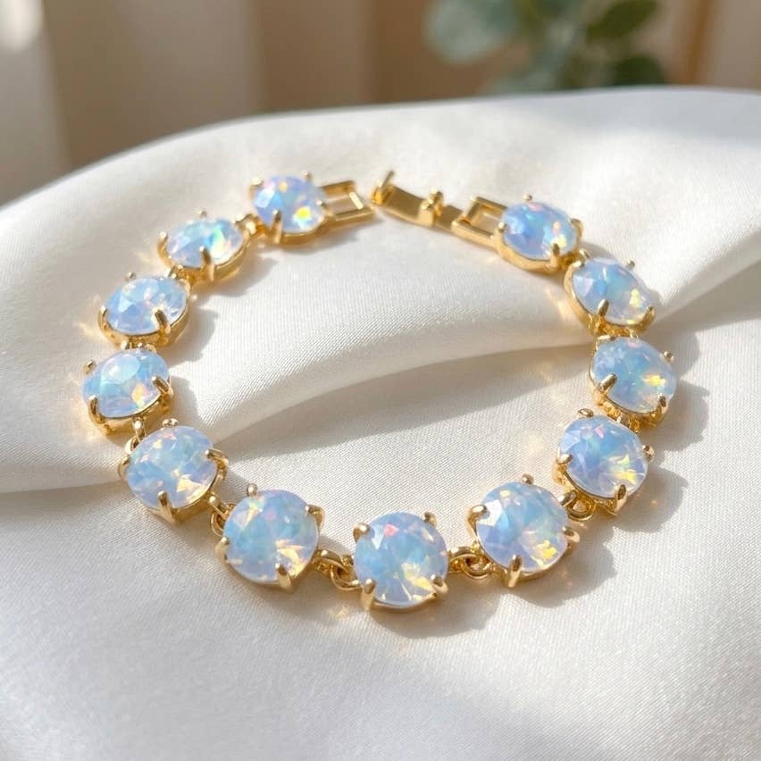 Round Cushion Cut Crystal Glass Linked Bracelet: ANTIQUE-SILVER-BLACK-MULTI