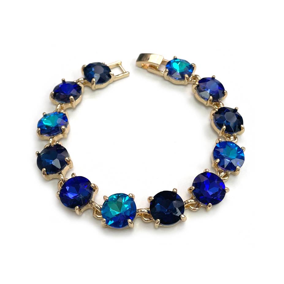 Round Cushion Cut Crystal Glass Linked Bracelet: ANTIQUE-SILVER-BLACK-MULTI