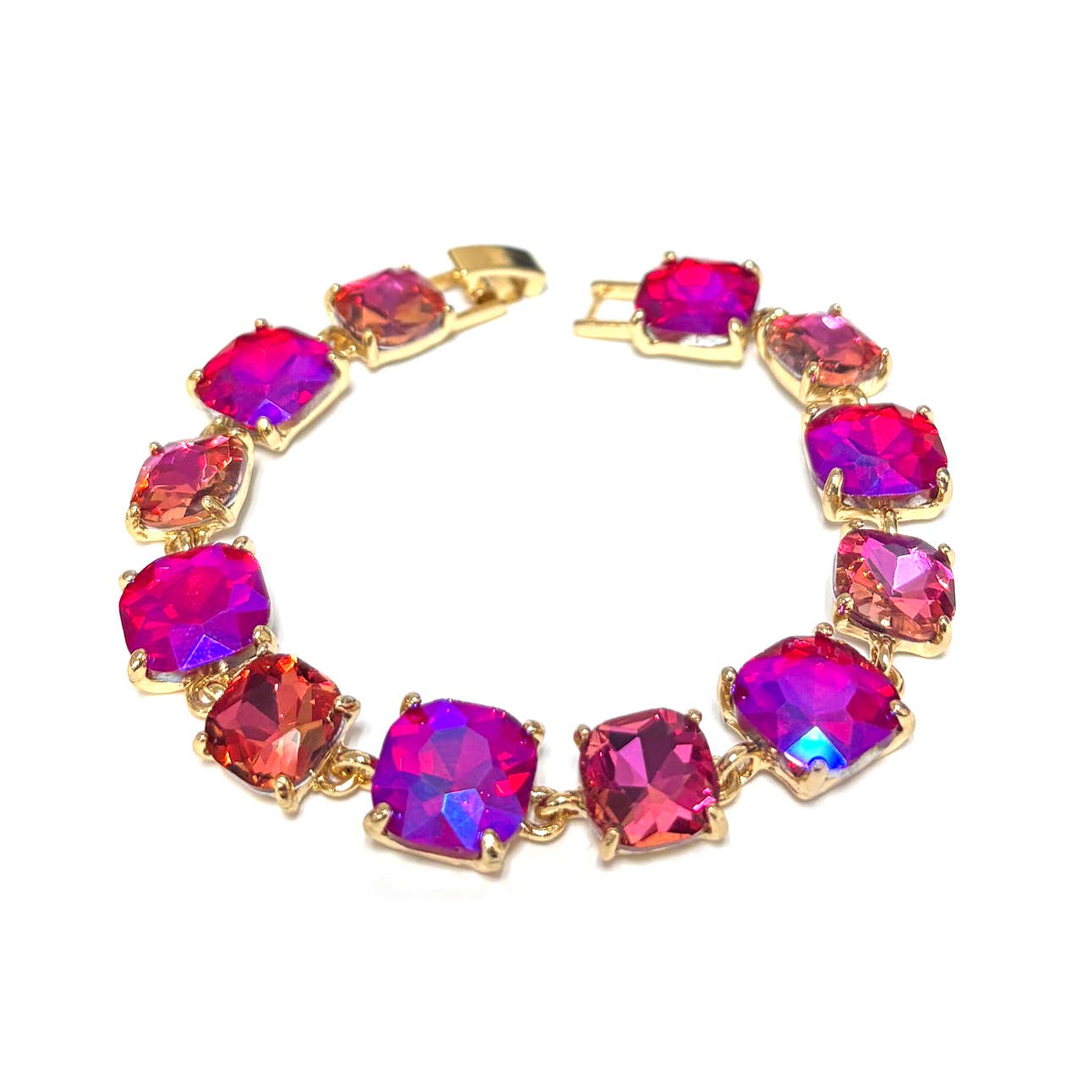 Cushion Cut Glass Crystal Linked Station Bracelet: FUCHSIA-ROSE