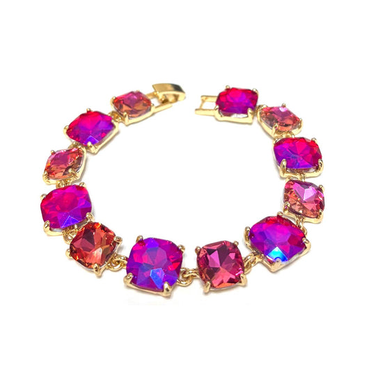 Cushion Cut Glass Crystal Linked Station Bracelet: FUCHSIA-ROSE