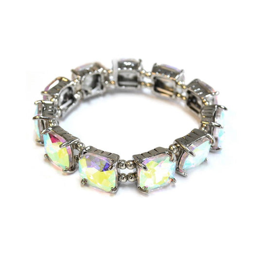 Cushion Cut Glass Crystal Linked Stretch Bracelet: Antique-ClearAB